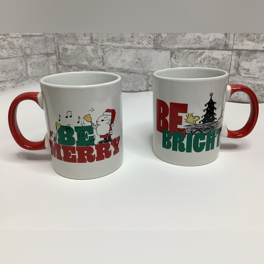 PEANUTS Woodstock Christmas Coffee Mug Cup 16oz Be Bright Be Merry Set Of 2 NWT